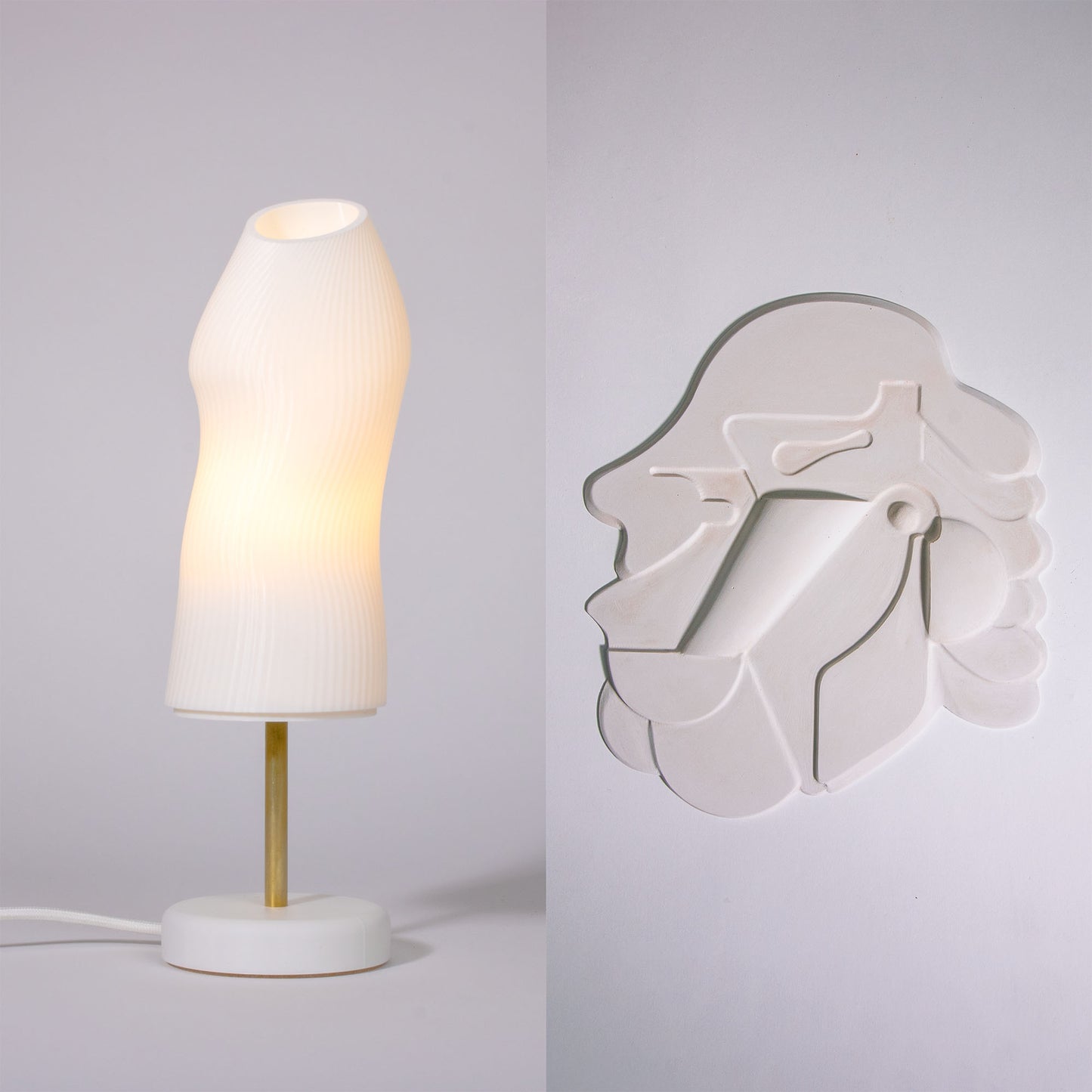 The Figuratives bundle including the Ora lamp with a brass rod and Mask 1 photographed against a white background