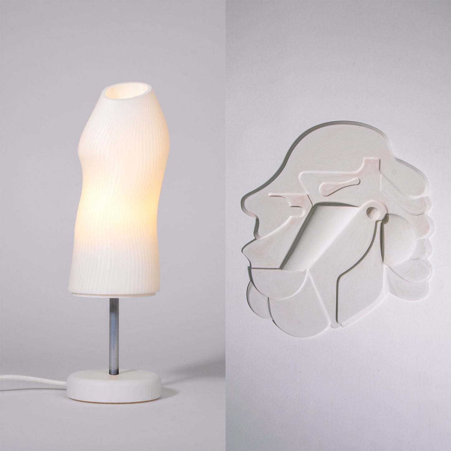 The Figuratives bundle including the Ora lamp with a chrome rod and Mask 1 photographed against a white background