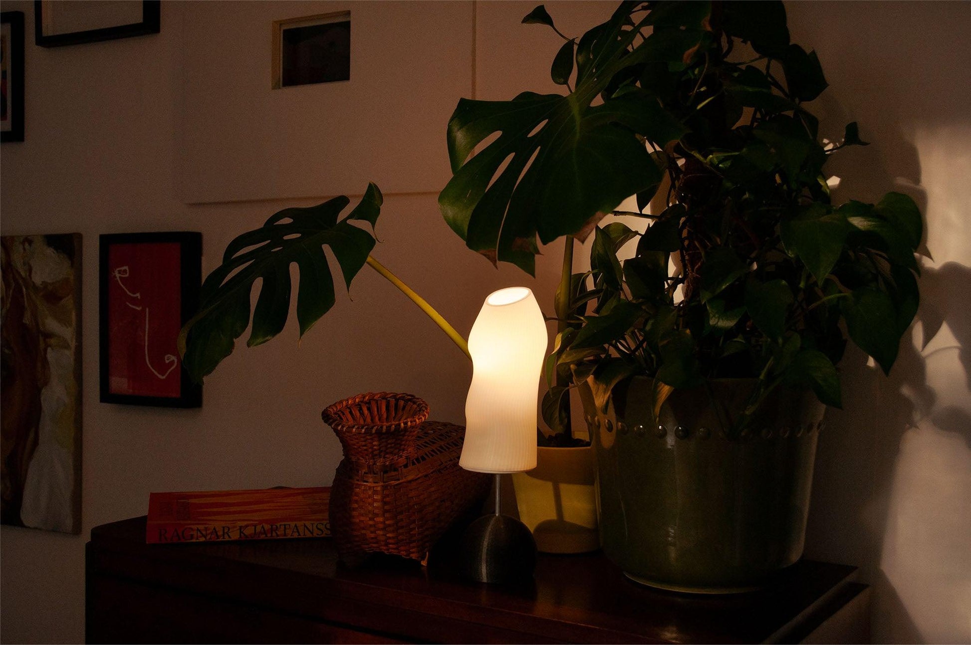 Ora table lamp lighting a dark living room positioned on a wooden chest of drawer next to plants